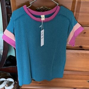 7th Ray Teal Short-Sleeve Ribbed Top with Pink Trim